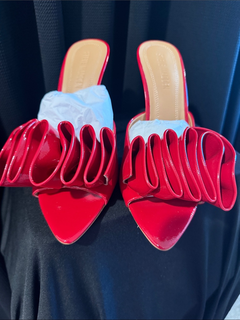 Steve Madden Red Patent Ruffle High Heel Mules - Picture 2 of 5